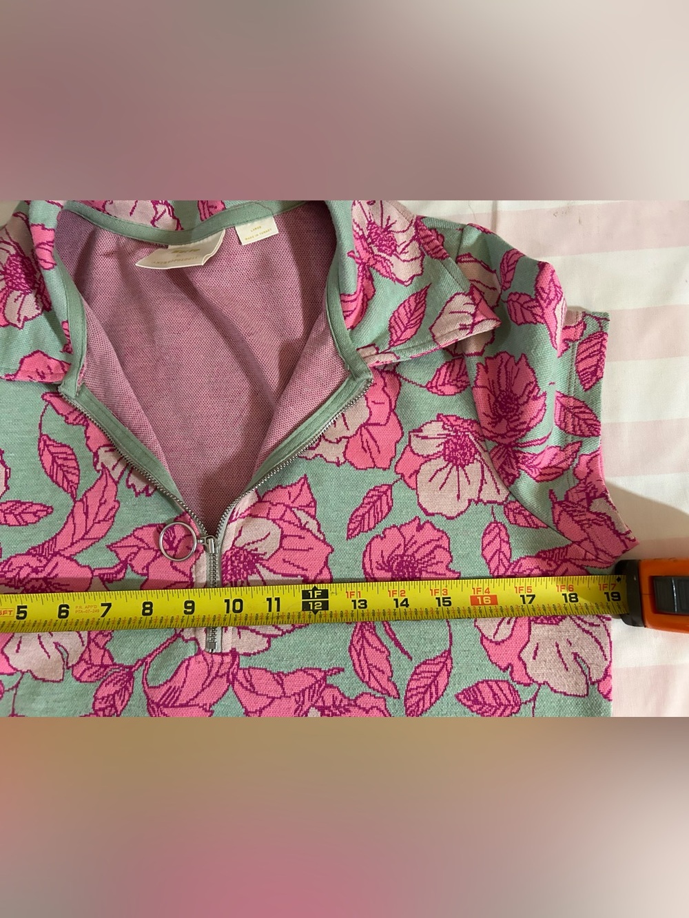Maeve Anthropologie Floral Jacquard Sz M Quarter Zip Polo Top Pink Green Preppy - Picture 5 of 13